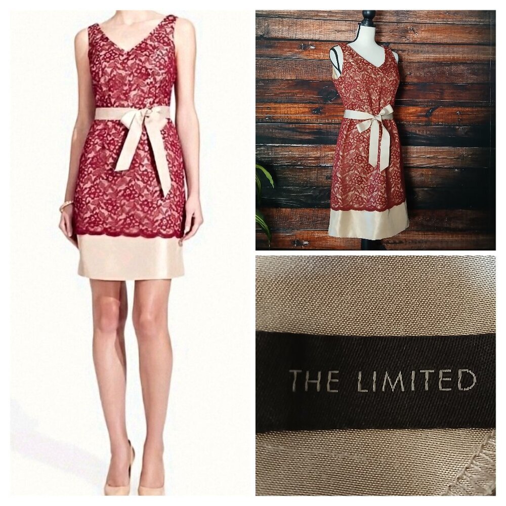 The Limited Dress 10 Belted Burgundy Lace Metallic Gold Zip Back